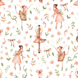 The image is a repeating pattern of watercolor illustrations of ballet dancers in pink tutus, surrounded by various floral and leaf motifs.