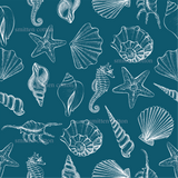 various sea creatures, including starfish, seashells, and a crab, all depicted in a detailed and stylized manner.