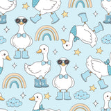 a repeating pattern of cartoon-style ducks wearing sunglasses and rain boots, along with various other whimsical elements such as rainbows, clouds, and stars.