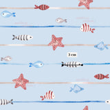 a repeating pattern of various fish and starfish on a light blue background.