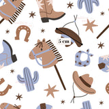 various cowboy-themed objects, including a horse, boots, a cactus, a hat, and a bandana, all arranged in a repeating pattern.