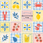 The image is a collage of various colorful and stylized illustrations, including a lobster, lemon, fish, shrimp, and other seafood and fruit elements. The image is approximately 4 centimeters wide.