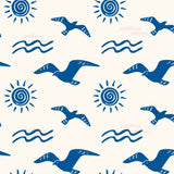a repeating pattern of blue birds flying against a white background, along with sun and water motifs.