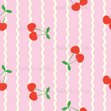 a pink striped background with cherries on it