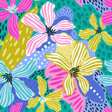 The image is a vibrant and colorful abstract pattern featuring a variety of stylized flowers and leaves in shades of pink, yellow, blue, and green. The pattern is composed of overlapping shapes and lines, creating a dynamic and visually striking composition.