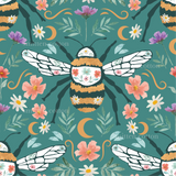 a pattern with a bee and flowers on a blue background