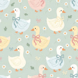 a repeating pattern of cartoon-style ducks with bows on their necks, set against a light blue background with white flowers.