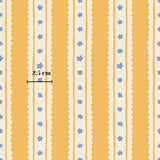 a repeating pattern of yellow and white vertical stripes with blue flower designs. The pattern is described as a floral wallpaper or a fabric with a floral design.