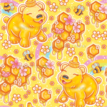 a yellow background with honey bears and flowers