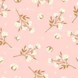 a repeating pattern of white and brown flowers and branches against a pink background.