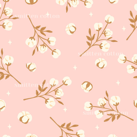 a repeating pattern of white and brown flowers and branches against a pink background.