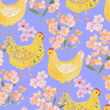 a vibrant and colorful pattern of yellow chickens surrounded by pink flowers and green leaves against a purple background.