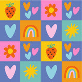 The image is a vibrant and playful collage featuring a variety of colorful hearts, flowers, and geometric shapes in a grid-like pattern.