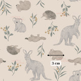a repeating pattern of various animals, including kangaroos, koalas, hedgehogs, and echidnas, along with leaves and branches. The pattern is set against a light background, and there is a text overlay indicating the size of the image, which is 3 cm.