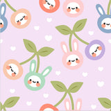 a repeating pattern of cartoon rabbit faces and cherry blossoms against a pink background.