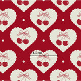 The image is a repeating pattern of white hearts with red cherries and bows on a red background.