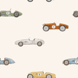 a repeating pattern of various colored race cars, including a green car, a white car, and a yellow car, all with the number 5 displayed on them.