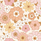 The image is a repeating pattern of various stylized flowers in shades of pink, yellow, and white against a light background.