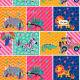 The image is a collage of various colorful and whimsical animal illustrations, including a rhinoceros, chameleon, lion, zebra, and other animals, all set against vibrant backgrounds with stripes, stars, and other decorative elements.