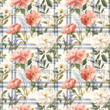 a repeating pattern of pink and white flowers with green leaves against a blue and white checkered background.