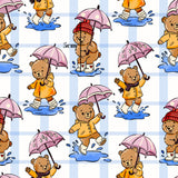 The image is a repeating pattern of cartoon teddy bears walking in the rain, each holding an umbrella.