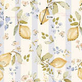 The image is a repeating pattern of various fruits and flowers, including lemons and other citrus fruits, against a background of blue and white stripes.