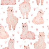 a repeating pattern of pink llamas with hearts scattered throughout the background.