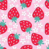 a repeating pattern of red strawberries with green leaves against a pink background.