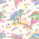 The image is a vibrant and whimsical pattern featuring various dinosaurs and celestial elements, such as stars and flowers, all set against a light pink and purple background.