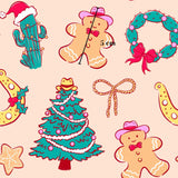 various Christmas-themed illustrations, including a cactus, a gingerbread man, a Christmas tree, a Santa hat, a bow, a ribbon, a holly, a star, and a gingerbread man.