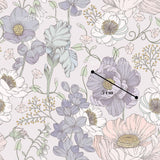 The image is a repeating pattern of various flowers and plants, including irises, lilies, and other floral elements. The flowers are depicted in different shades of purple, white, and pink, creating a visually appealing and harmonious design. The image does not contain any text or specific actions, and the overall composition is simple and elegant.