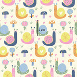 The image is a repeating pattern of various colorful and whimsical illustrations of snails, mushrooms, hearts, and other playful elements.