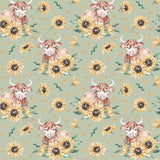 a repeating pattern of brown cows surrounded by yellow sunflowers against a light green background.