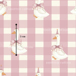 a repeating pattern of white ducks with pink bows on their heads, set against a pink and white checkered background.