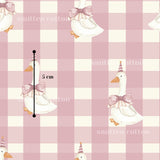 a repeating pattern of white ducks with pink bows on their heads, set against a pink and white checkered background.