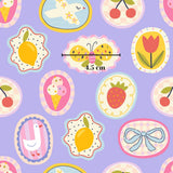 a variety of colorful and whimsical illustrations, including a bird, a butterfly, a lemon, a strawberry, a bow, and other playful elements, all set against a purple background.