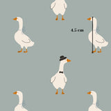 a group of five white geese with black hats and bow ties, each standing on one leg against a light blue background.