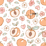 a pattern of peaches with leaves and hearts