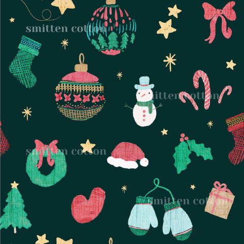 various Christmas-themed objects and decorations, including ornaments, stockings, a snowman, a wreath, a gift, and a star, all set against a dark green background with stars and snowflakes scattered throughout.