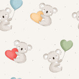 a repeating pattern of cartoon koalas holding heart-shaped balloons.