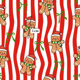a repeating pattern of gingerbread men wearing Santa hats and scarves, with green bows and ribbons scattered throughout the background.