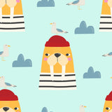 The image is a repeating pattern of cartoon animal characters, including a walrus wearing a red hat and striped shirt, and seagulls.