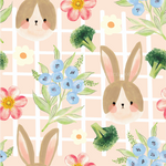 a pattern of rabbits and flowers on a pink background