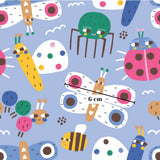 The image is a vibrant and playful pattern featuring various cartoon-style insects and animals, including a ladybug, a bee, a butterfly, and a dragonfly, all set against a light blue background.