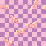 a pattern of pink horses with yellow stars on a purple and pink checkered background.