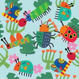 a pattern of bugs and plants on a blue background