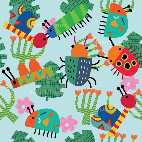 a pattern of bugs and plants on a blue background