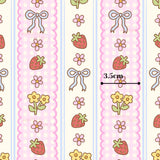 The image is a repeating pattern of pink and white checkered borders, adorned with various illustrations such as flowers, strawberries, and bows. The pattern is composed of multiple rows of these elements, creating a visually appealing and harmonious design.