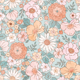 a floral pattern with many flowers on a blue background