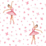 two young girls in pink tutus gracefully dancing, surrounded by a pattern of pink flowers.